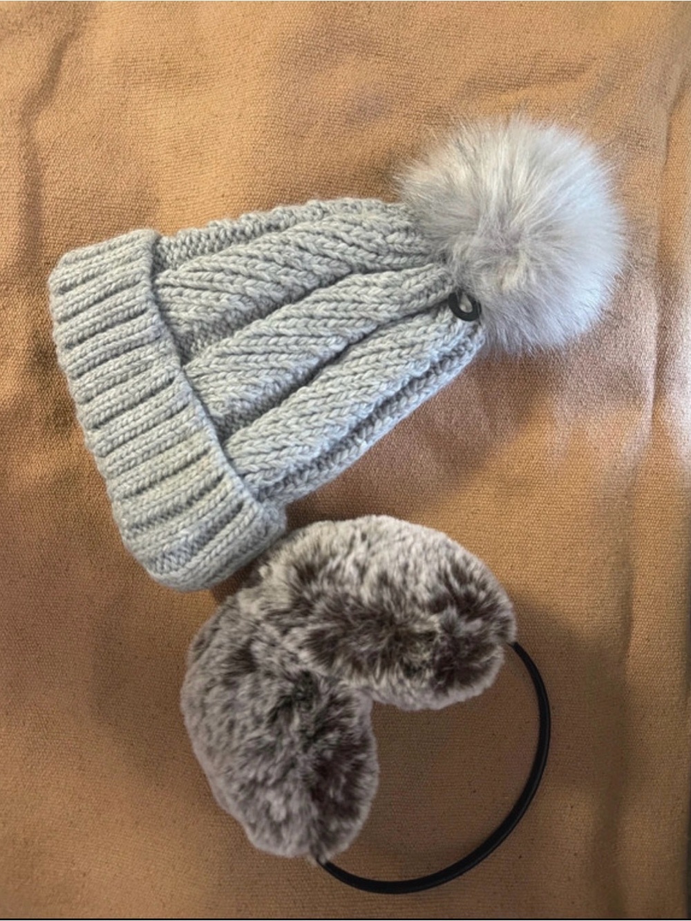 Grey Knit Pom Pom Beanie with Faux Fur Earmuffs